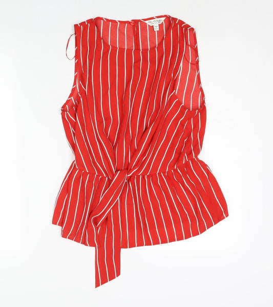 Miss Selfridge Womens Red Striped Polyester Camisole Blouse Size 14 Round Neck - Peplum Tie Detail