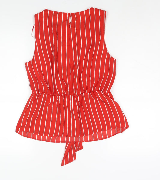 Miss Selfridge Womens Red Striped Polyester Camisole Blouse Size 14 Round Neck - Peplum Tie Detail