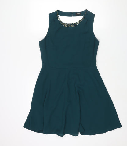 Oasis Womens Green Polyester Fit & Flare Size 14 Round Neck Zip - Open Back Detail Beading