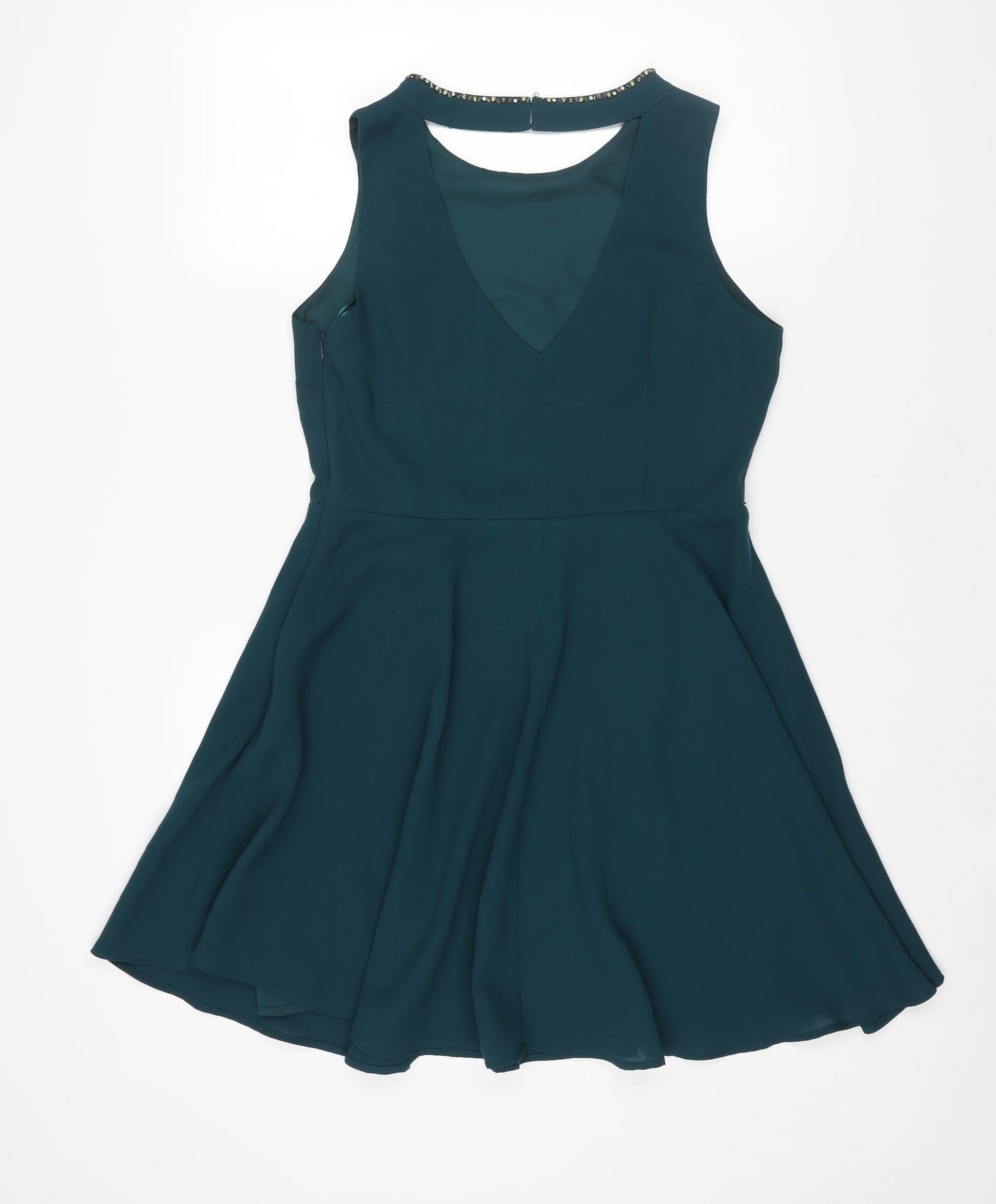 Oasis Womens Green Polyester Fit & Flare Size 14 Round Neck Zip - Open Back Detail Beading