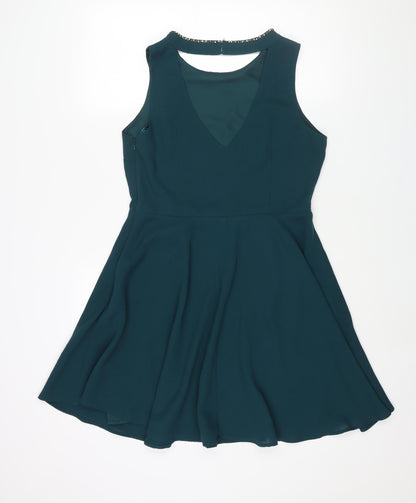 Oasis Womens Green Polyester Fit & Flare Size 14 Round Neck Zip - Open Back Detail Beading