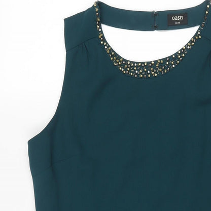 Oasis Womens Green Polyester Fit & Flare Size 14 Round Neck Zip - Open Back Detail Beading