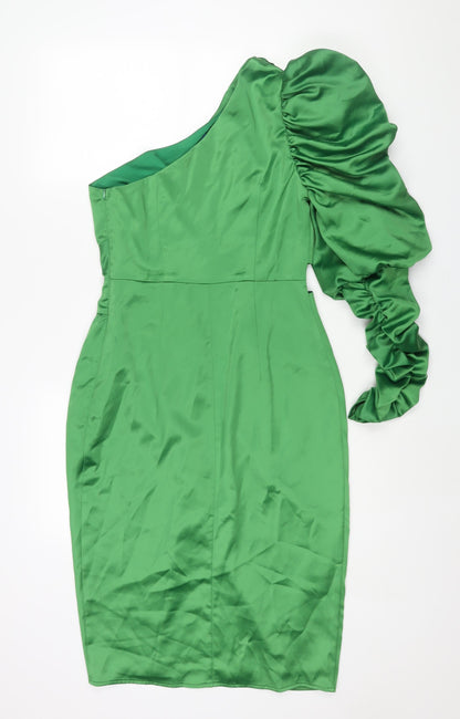 Boohoo Womens Green Polyester Pencil Dress Size 10 One Shoulder Zip - Rouched Sleeve