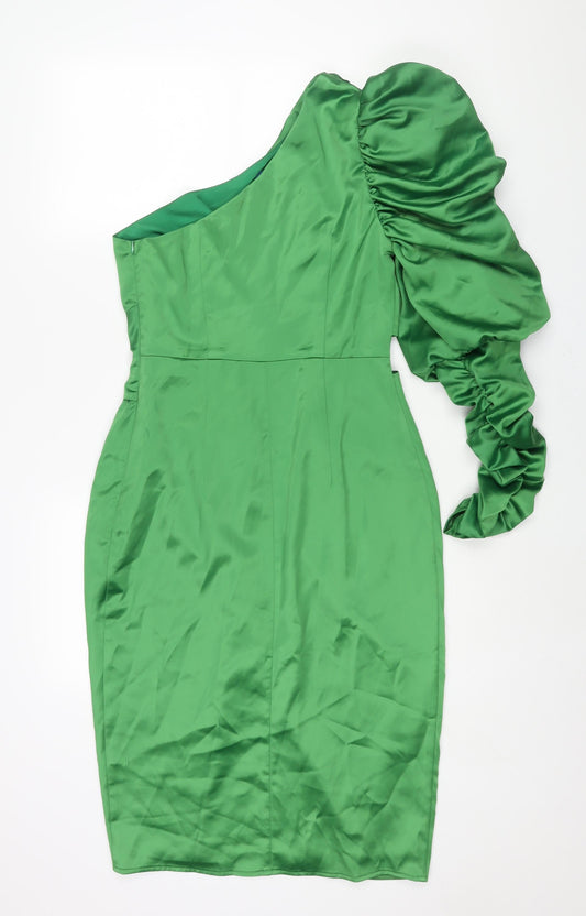 Boohoo Womens Green Polyester Pencil Dress Size 10 One Shoulder Zip - Rouched Sleeve