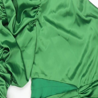 Boohoo Womens Green Polyester Pencil Dress Size 10 One Shoulder Zip - Rouched Sleeve