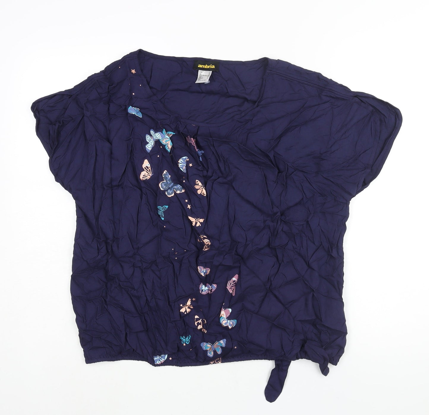 Ambria Womens Blue Viscose Basic Blouse Size 18 Round Neck - Butterfly Print Tie Detail
