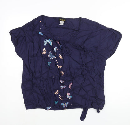 Ambria Womens Blue Viscose Basic Blouse Size 18 Round Neck - Butterfly Print Tie Detail