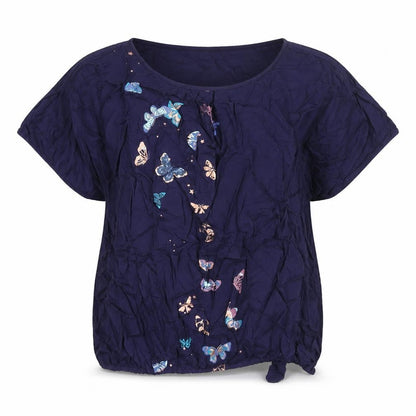 Ambria Womens Blue Viscose Basic Blouse Size 18 Round Neck - Butterfly Print Tie Detail