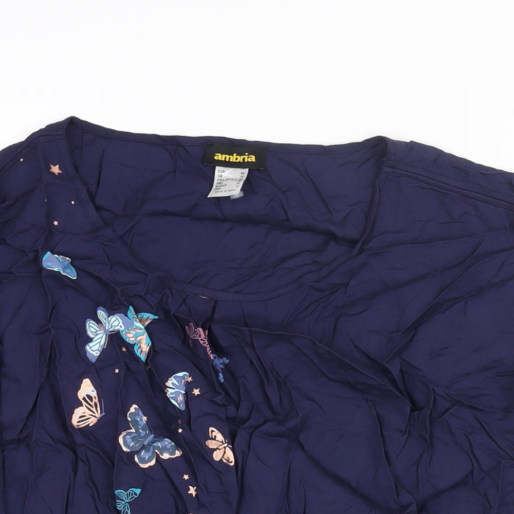 Ambria Womens Blue Viscose Basic Blouse Size 18 Round Neck - Butterfly Print Tie Detail