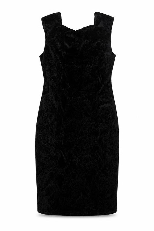 Front view of Miss Selfridge women’s black paisley polyester pencil dress, square neck pullover - open back detail