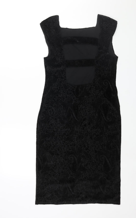 Miss Selfridge Womens Black Paisley Polyester Pencil Dress Size 14 Square Neck Pullover - Open Back Detail