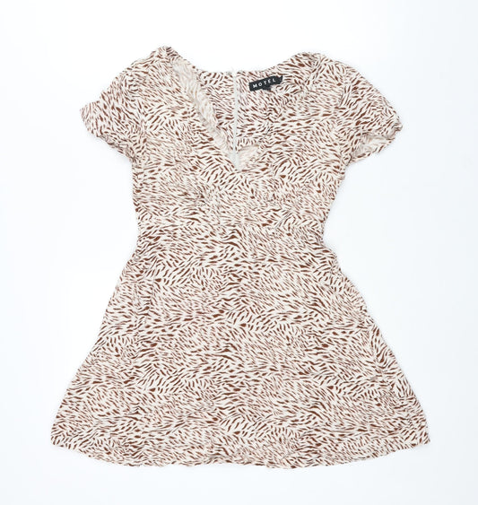 Motel Womens Brown Geometric Viscose A-Line Size XS V-Neck Zip