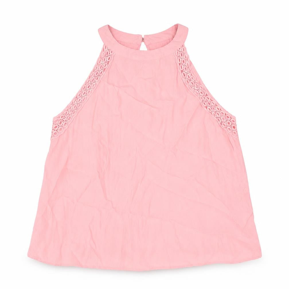 Front view of Miss Selfridge women’s pink viscose camisole blouse, size UK 8, round neck - lace detail