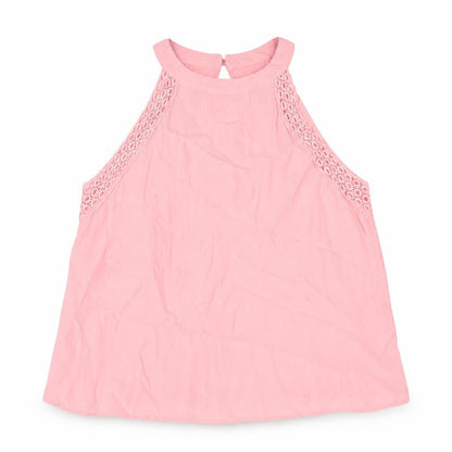 Front view of Miss Selfridge women’s pink viscose camisole blouse, size UK 8, round neck - lace detail