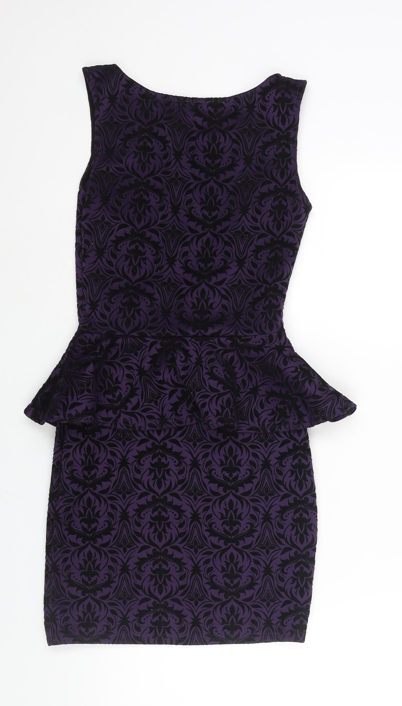 Boohoo Womens Purple Geometric Polyester Bodycon Size 10 Round Neck Pullover - Peplum Velvet Detail