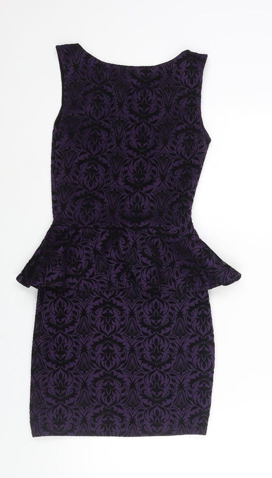 Boohoo Womens Purple Geometric Polyester Bodycon Size 10 Round Neck Pullover - Peplum Velvet Detail