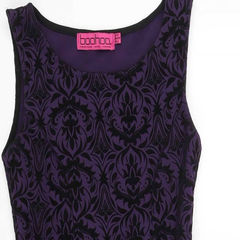 Boohoo Womens Purple Geometric Polyester Bodycon Size 10 Round Neck Pullover - Peplum Velvet Detail