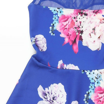 Quiz Womens Blue Floral Polyester Fit & Flare Size 8 Round Neck Pullover