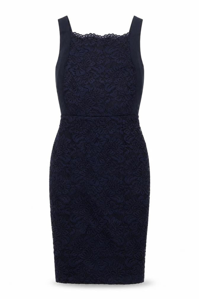 Vesper Womens Blue Viscose Pencil Dress Size 10 Square Neck Zip - Lace Panel