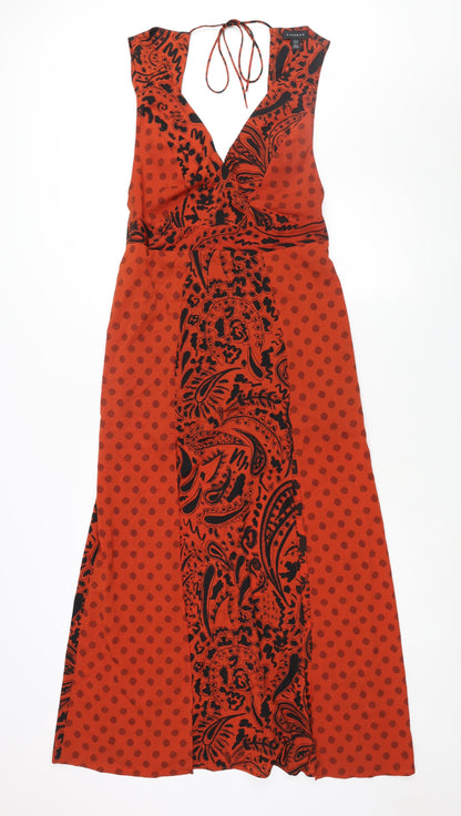 Topshop Womens Red Geometric Polyester Maxi Size 10 V-Neck Zip - Front Slits Panelled