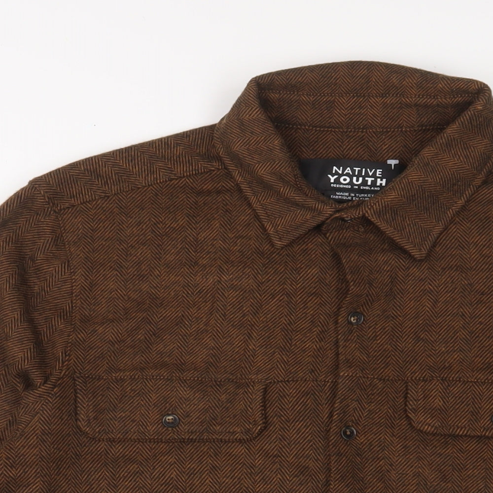 Native Youth Mens Brown Polyester Button-Up Size L Collared Button