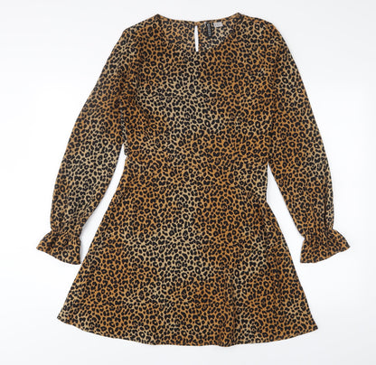 h7M Womens Brown Animal Print Polyester A-Line Size 10 Crew Neck Zip