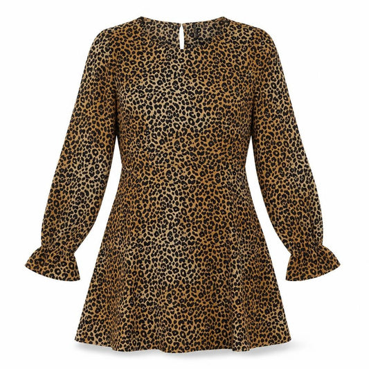 Front view of h7M women’s brown animal print polyester a-line, size UK 10, crew neck zip
