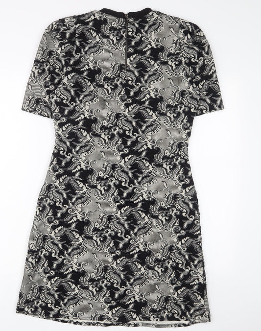 NEXT Womens Beige Geometric Polyester A-Line Size 10 Round Neck Zip