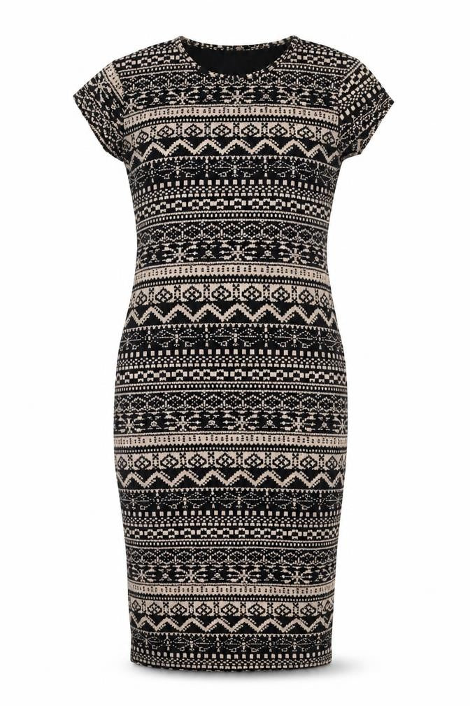 Front view of izabel London women’s black geometric viscose bodycon, size UK 10, roll neck pullover