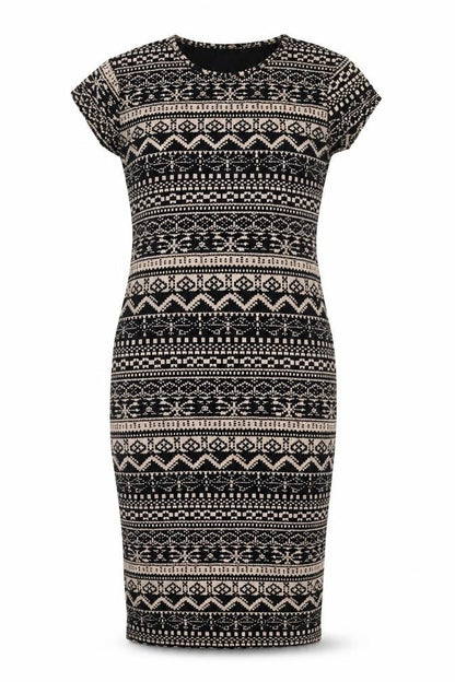 Front view of izabel London women’s black geometric viscose bodycon, size UK 10, roll neck pullover