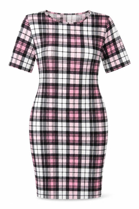 KAAYA Womens Pink Plaid Polyester Bodycon Size 16 Crew Neck Pullover