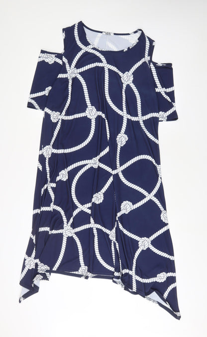Tiletts Womens Blue Geometric Polyester A-Line Size M V-Neck Pullover