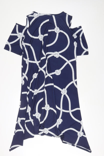 Tiletts Womens Blue Geometric Polyester A-Line Size M V-Neck Pullover