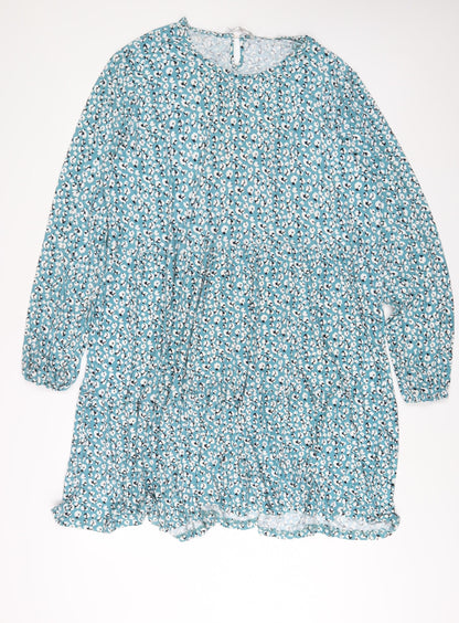 Pebble Bay Womens Blue Geometric Polyester A-Line Size 18 Crew Neck Button