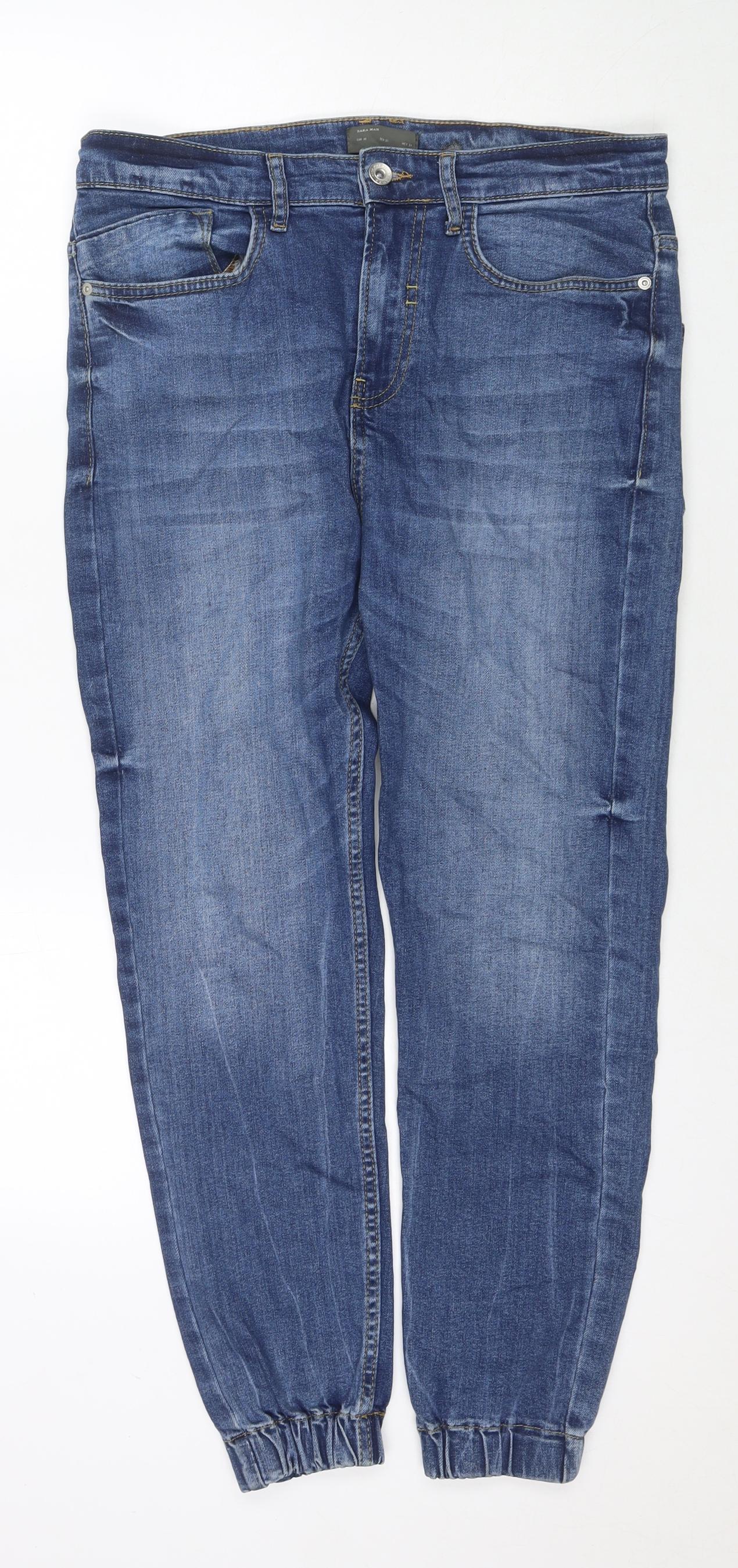 Zara Mens Blue Cotton Tapered Jeans Size 31 in L26 in Regular Zip