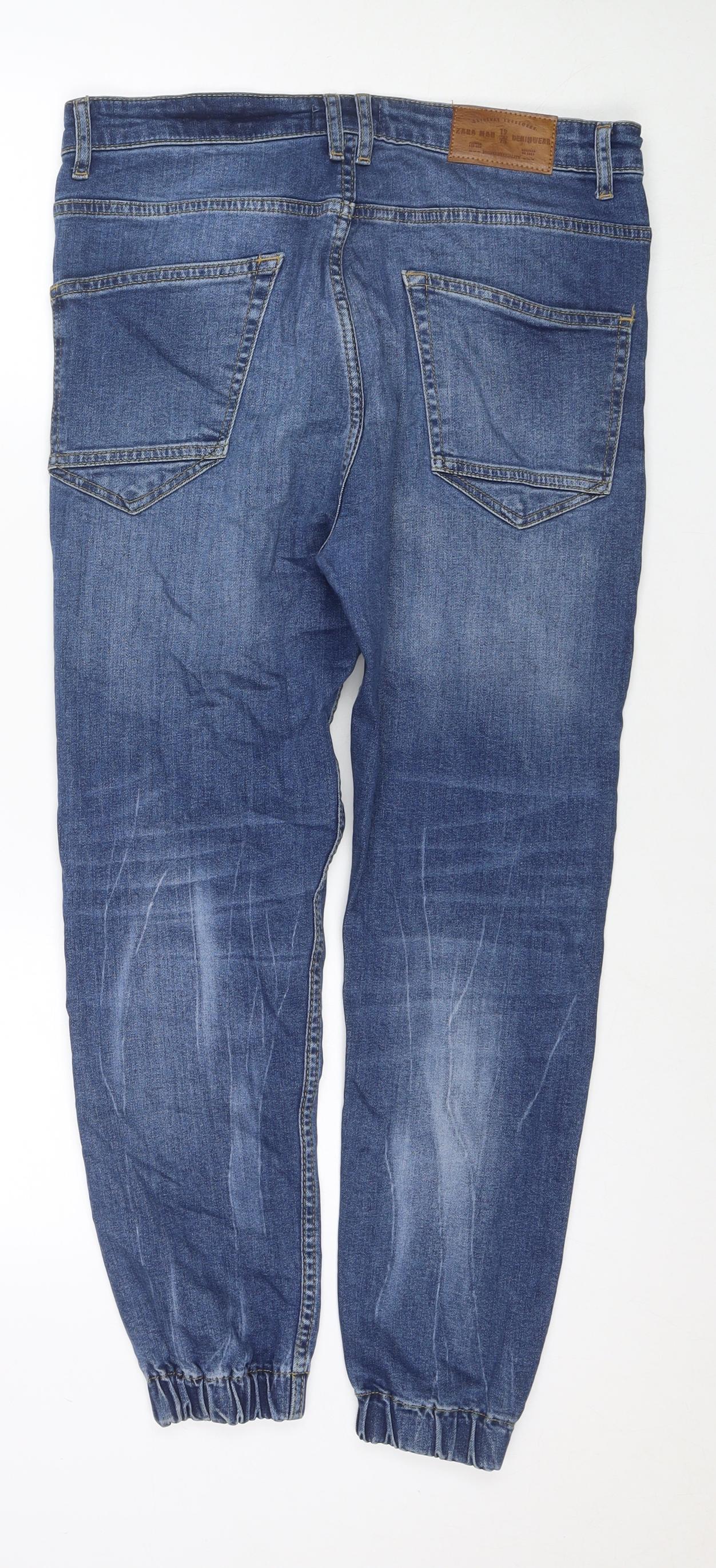 Zara Mens Blue Cotton Tapered Jeans Size 31 in L26 in Regular Zip