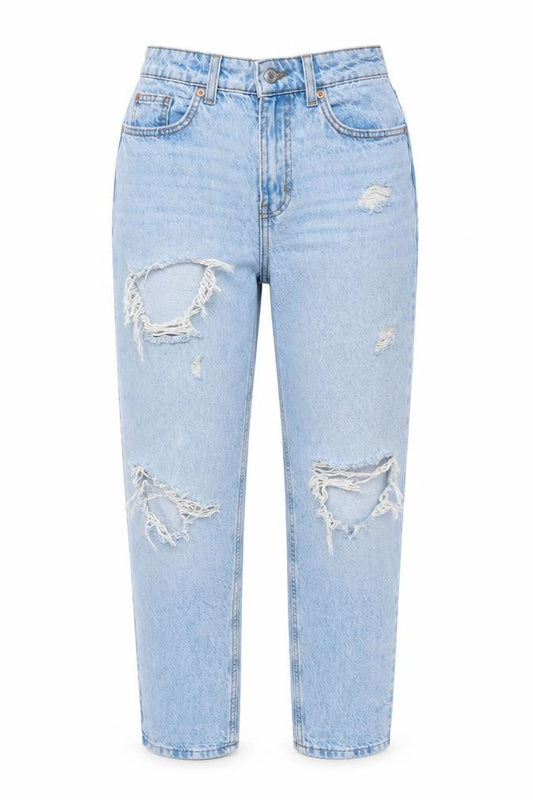Front view of Denim & Co. women’s blue cotton mom jeans, size UK 6, 28-inch leg regular zip