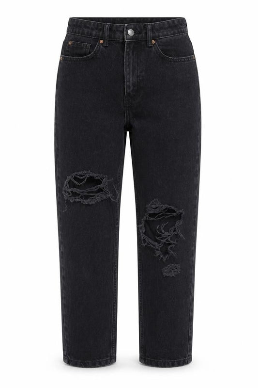 Front view of Denim & Co. women’s black cotton straight jeans, size UK 4, 28-inch leg regular zip