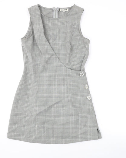 Love Womens Grey Plaid Polyester A-Line Size M Round Neck Zip