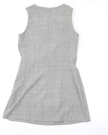 Love Womens Grey Plaid Polyester A-Line Size M Round Neck Zip