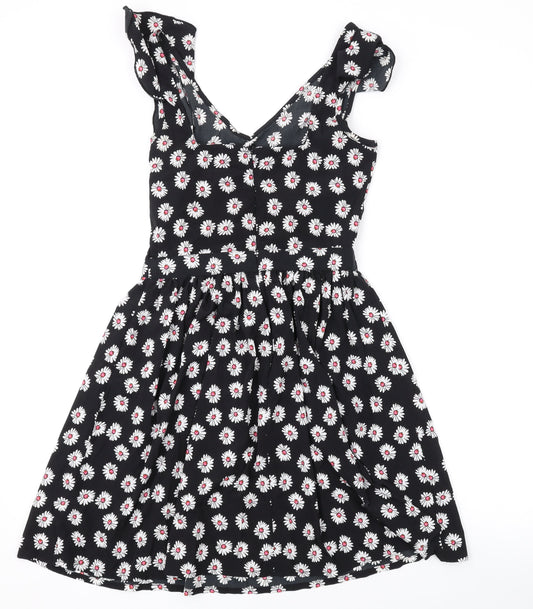 Heart & Soul Womens Black Floral Polyester A-Line Size 8 V-Neck Zip