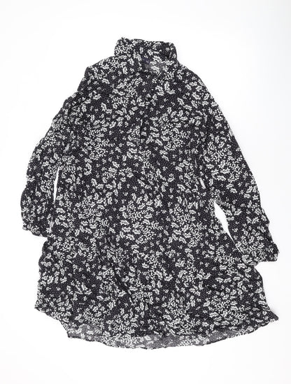 Marks and Spencer Womens Black Floral Viscose A-Line Size 12 Collared Button