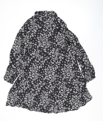 Marks and Spencer Womens Black Floral Viscose A-Line Size 12 Collared Button