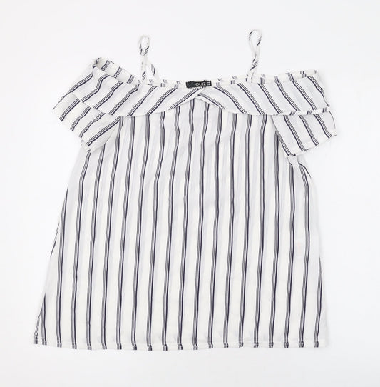 Quiz Womens White Striped Polyester Basic Blouse Size 10 Off the Shoulder