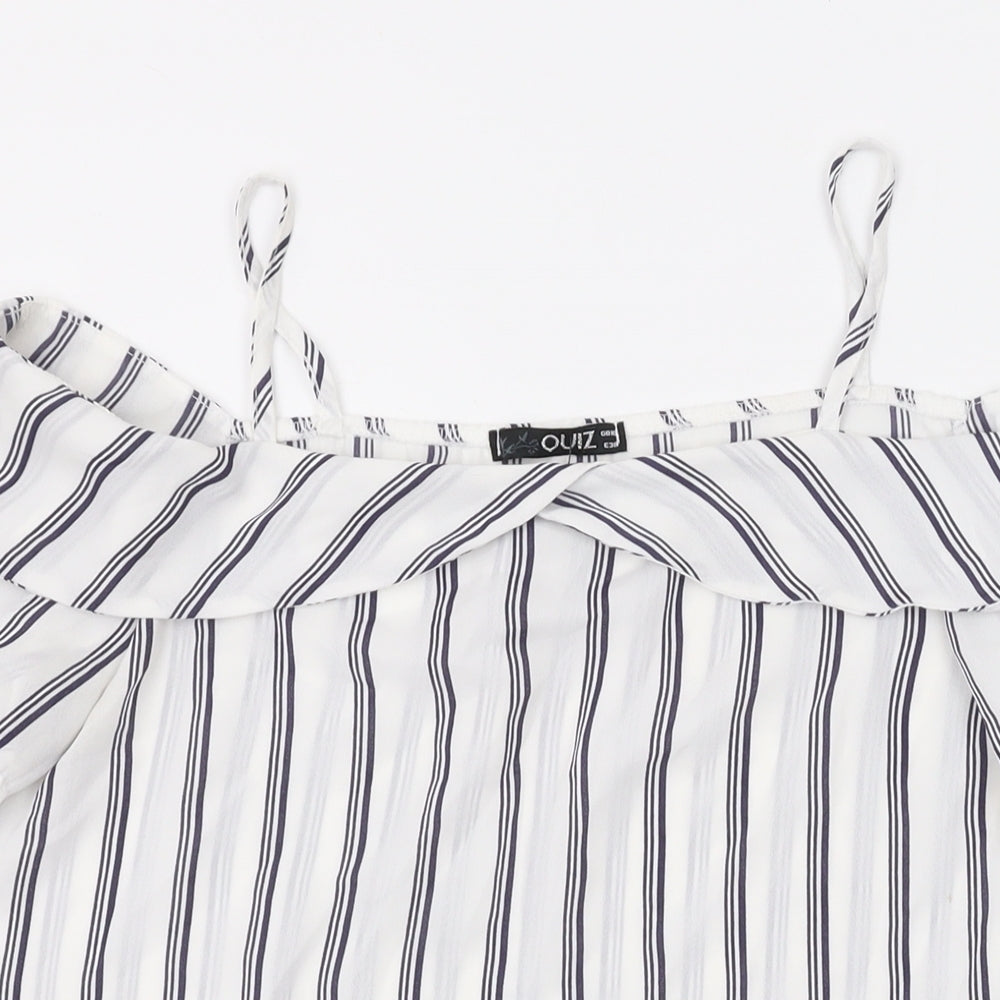 Quiz Womens White Striped Polyester Basic Blouse Size 10 Off the Shoulder