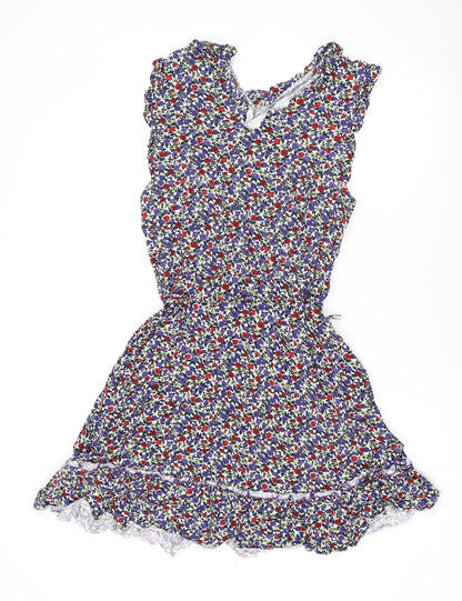 Oasis Womens Blue Floral Viscose A-Line Size 14 Round Neck Pullover