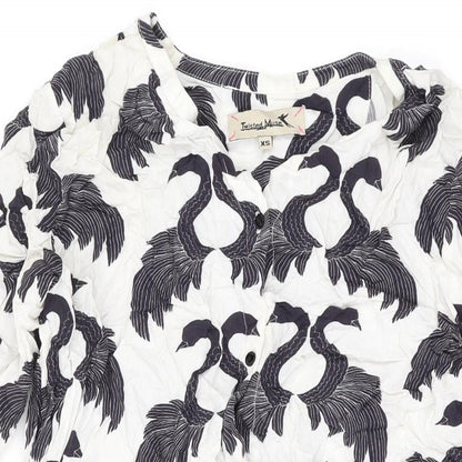Twisted Muse Womens White Geometric Viscose Basic Button-Up Size XS V-Neck