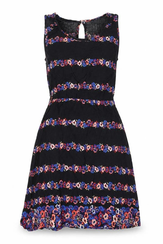 Internacionale Womens Black Floral Viscose A-Line Size 8 Round Neck Button