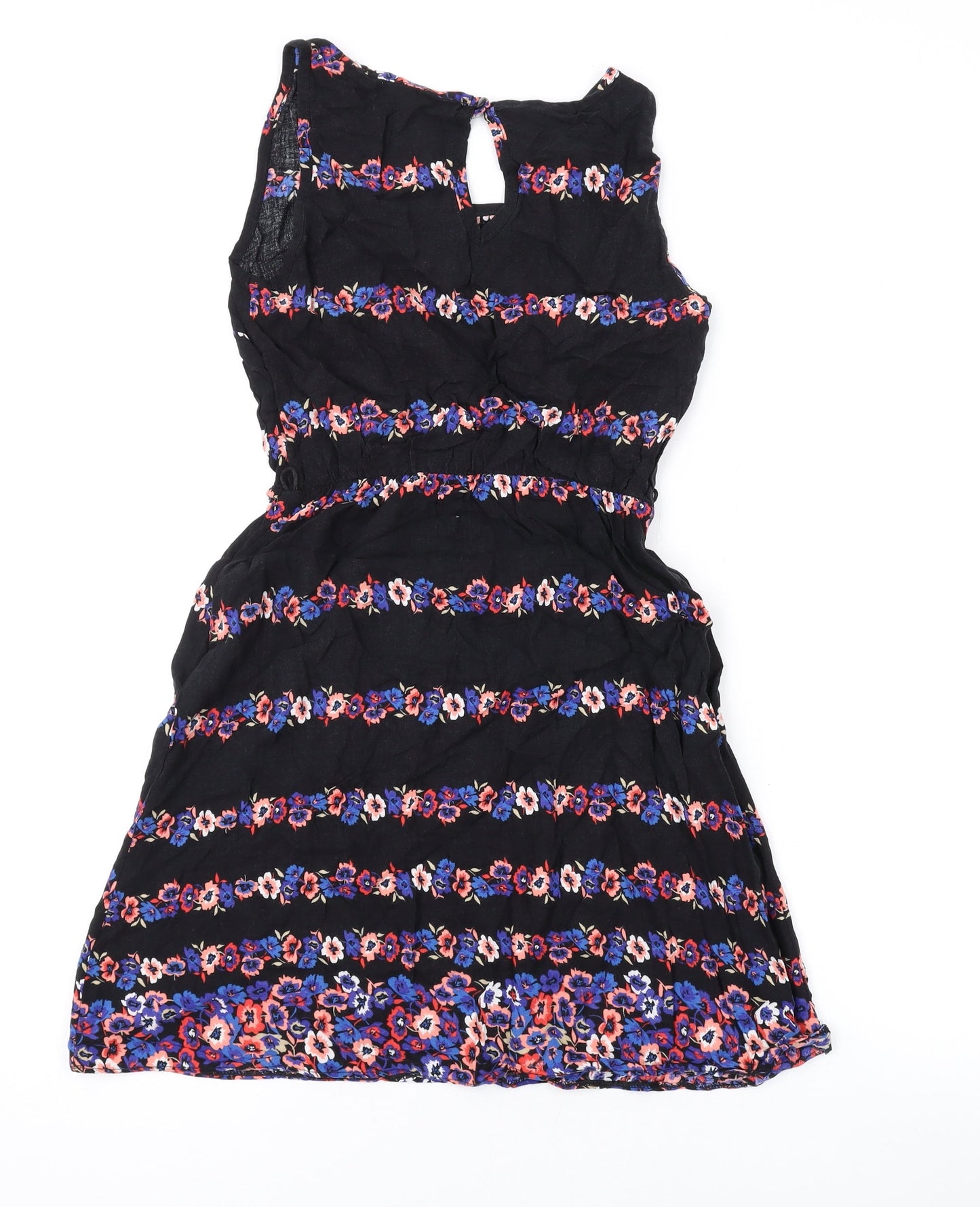 Internacionale Womens Black Floral Viscose A-Line Size 8 Round Neck Button