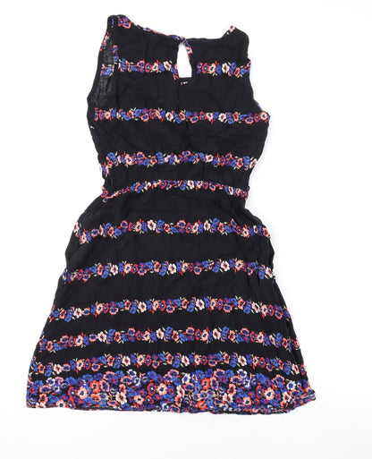 Internacionale Womens Black Floral Viscose A-Line Size 8 Round Neck Button
